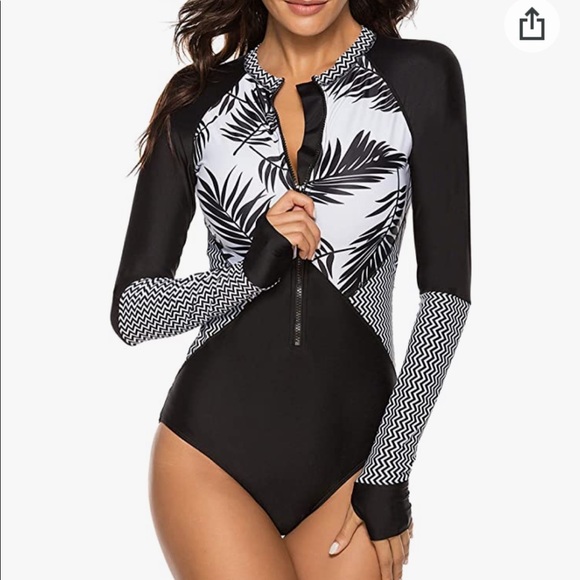 Other - Athletic surf one piece zipper front rash guard swimsuit palm print large